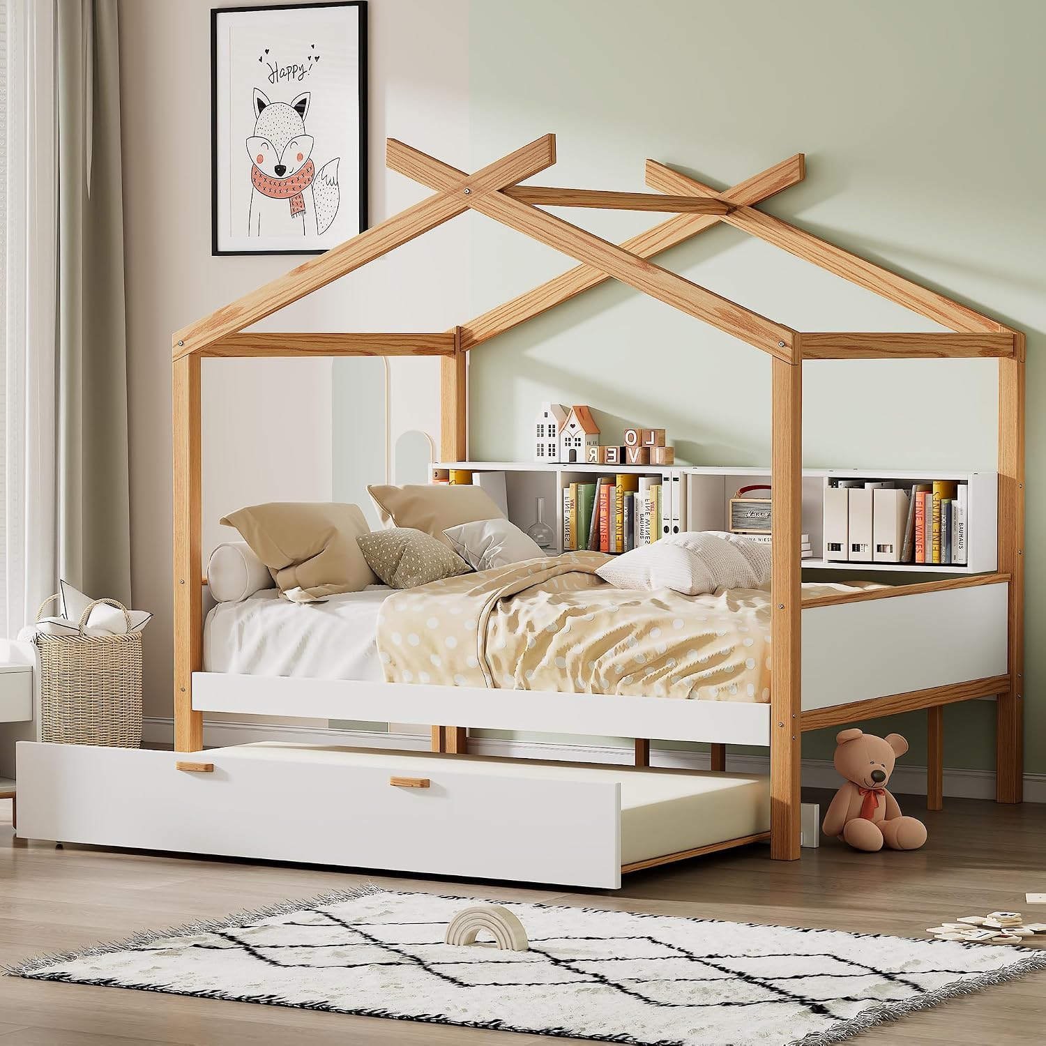 Virubi Full Size Wood House Bed for Kids, Wood Frame Daybed with Twin Size Trundle and Open Bookshelf for Boys Girls Teens Children Bedroom Guest Room (White+Trundle, Full)