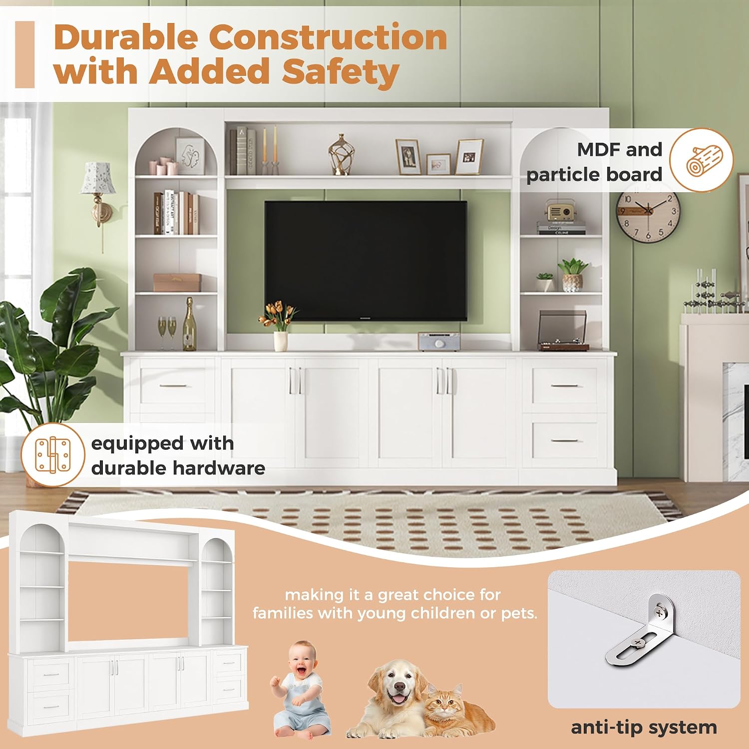 Modern Arched Entertainment Center with Bookshelves and Drawers, Farmhouse TV Stand for TVs Up to 65 Inch, All-in-One Console Media Console Unit with Adjustable Shelves & Cable Holes, White