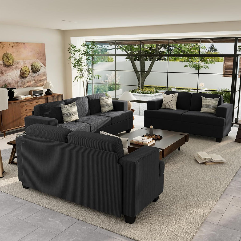Fiona's magic 3 Pieces Corduroy Couch Set for Living Room, 7 Seats Cloud Sofa, Deep Seat Floor Couch for Bedroom, Futon Modern Sofa Bed, Black Corduroy