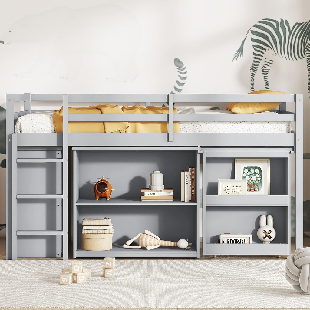 Twin Loft Bed, Multifunctional Loft Bed with Drawer Cabinet, Shelf Cabinet and Pulling-Out Desk, Flexible Under-bed Storage Space, Rubber Wood Loft Bed with Safety Guardrail and Ladder (Grey/261)