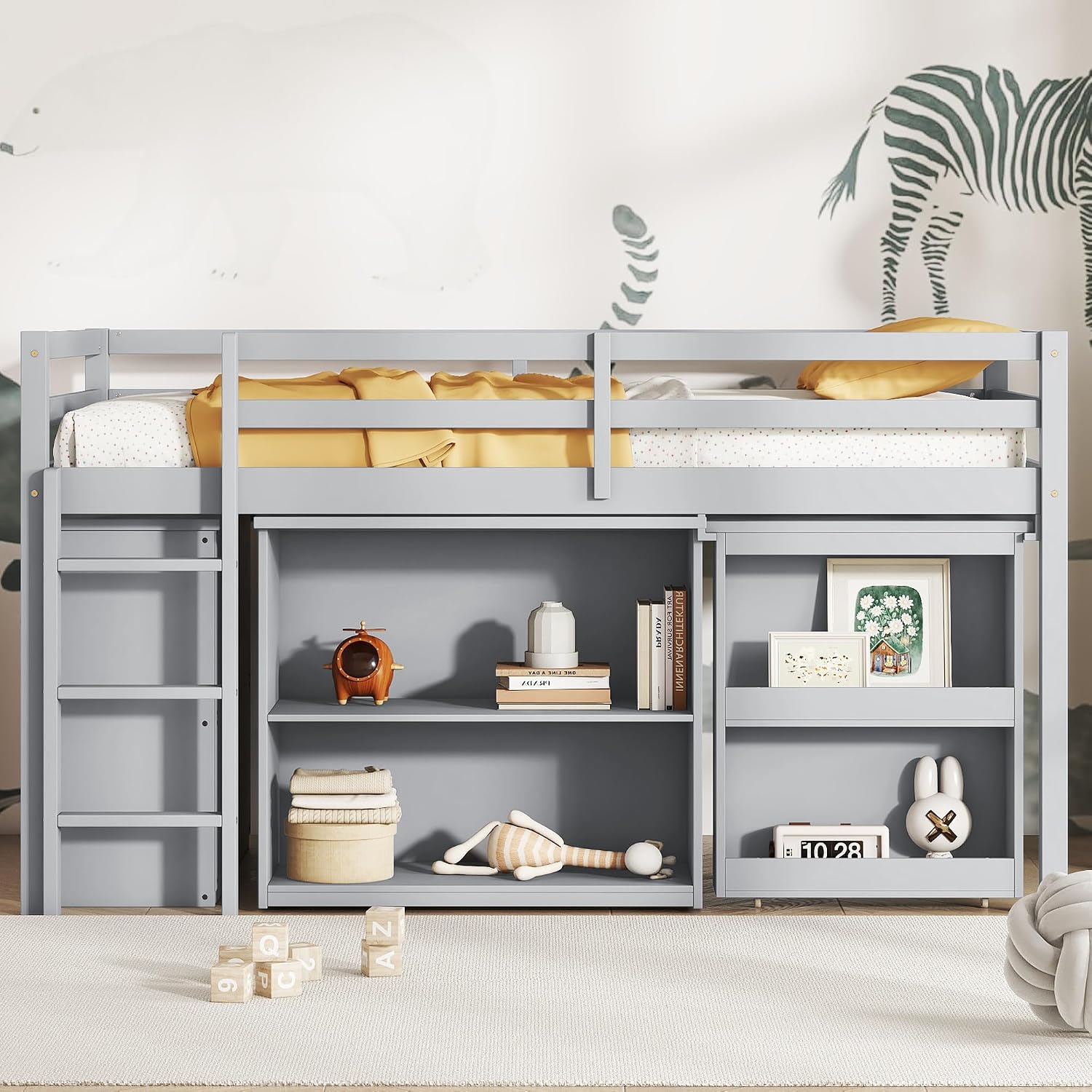 Twin Loft Bed, Multifunctional Loft Bed with Drawer Cabinet, Shelf Cabinet and Pulling-Out Desk, Flexible Under-bed Storage Space, Rubber Wood Loft Bed with Safety Guardrail and Ladder (Grey/261)