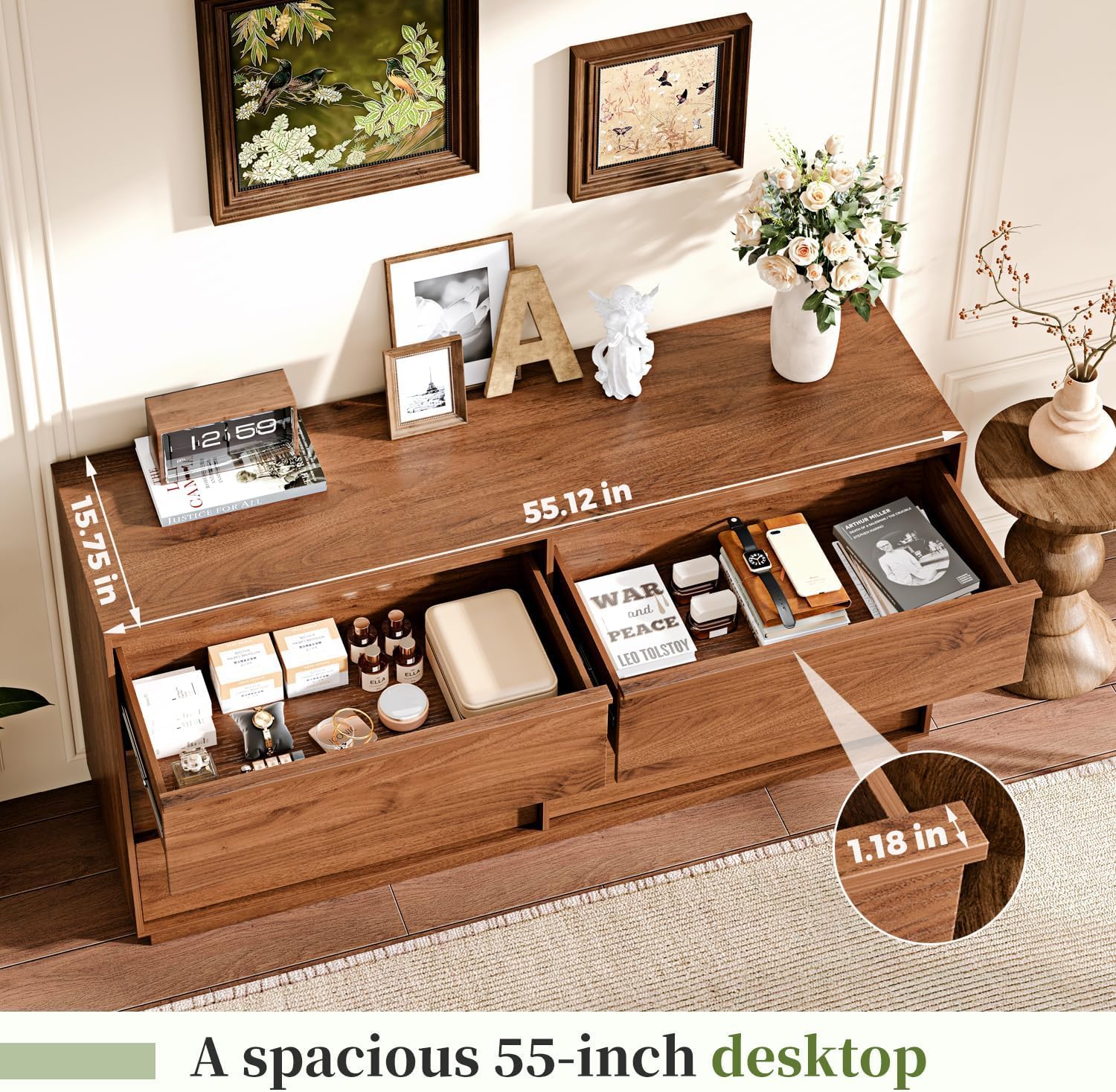 Ieejdn 55.12' Modern Chest of Drawer, 6 Deep Drawers,Clothes Organizer,Large Storage Cabinet for Living Room, Bedroom,Dresser TV Stand, Wood Drawer Organizer for Living Room, Hallway, Brown