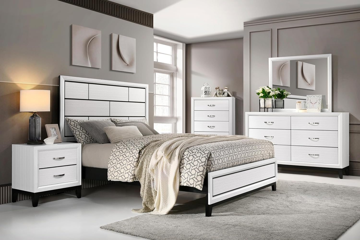 GOWE Modern Contemporary White Finish Full Bed 1pc Wooden Bedroom Furniture Black Line Design