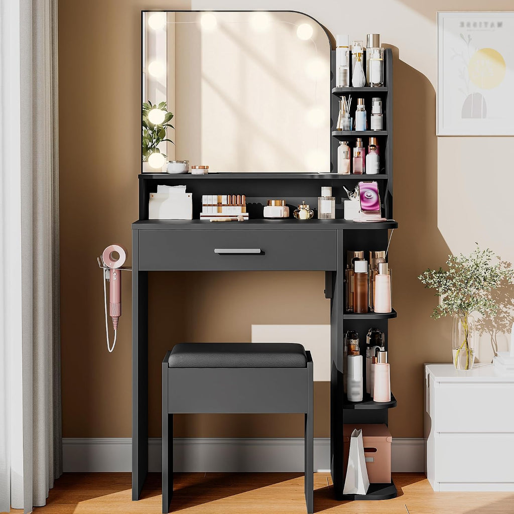 Small Vanity Desk with Mirror and Lights, 26.4' W Girls Vanity Set with Chair and Power Outlet, 3 Lighting Color Adjustable, Makeup Vanity Vanity for Girls, Black