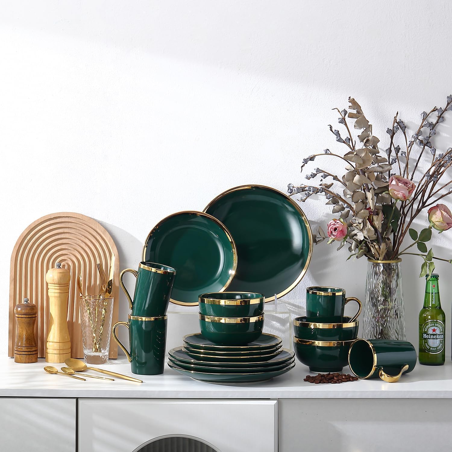 Modern 16 Piece Porcelain Green and Gold Dinnerware Set, Stoneware Dinnerware Sets for 4, Plates and Bowls Sets, Dish Set with Gold Trim,Dishes