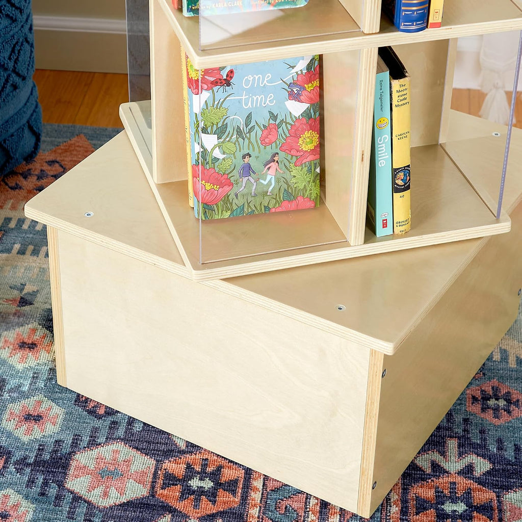 Guidecraft Floor Standing Rotating Book Display: Spinning Bookshelf Tower for Classroom, Kids Playroom, Library | Revolving Bookcase w/Acrylic Windows, Birch Plywood Montessori Storage Furniture