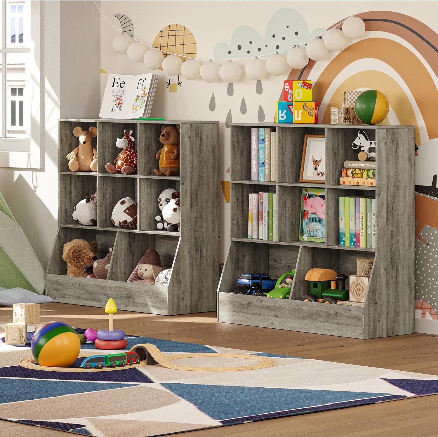 DINZI LVJ Toy Storage Organizer, Kids Bookshelf, Wood Toy Storage Cabinet, 3-Tier 8 Cubby Children Bookcase, 39.4' L Toddler Book Shelf for Playroom, Living Room, Nursery, Classroom, Gray Wash