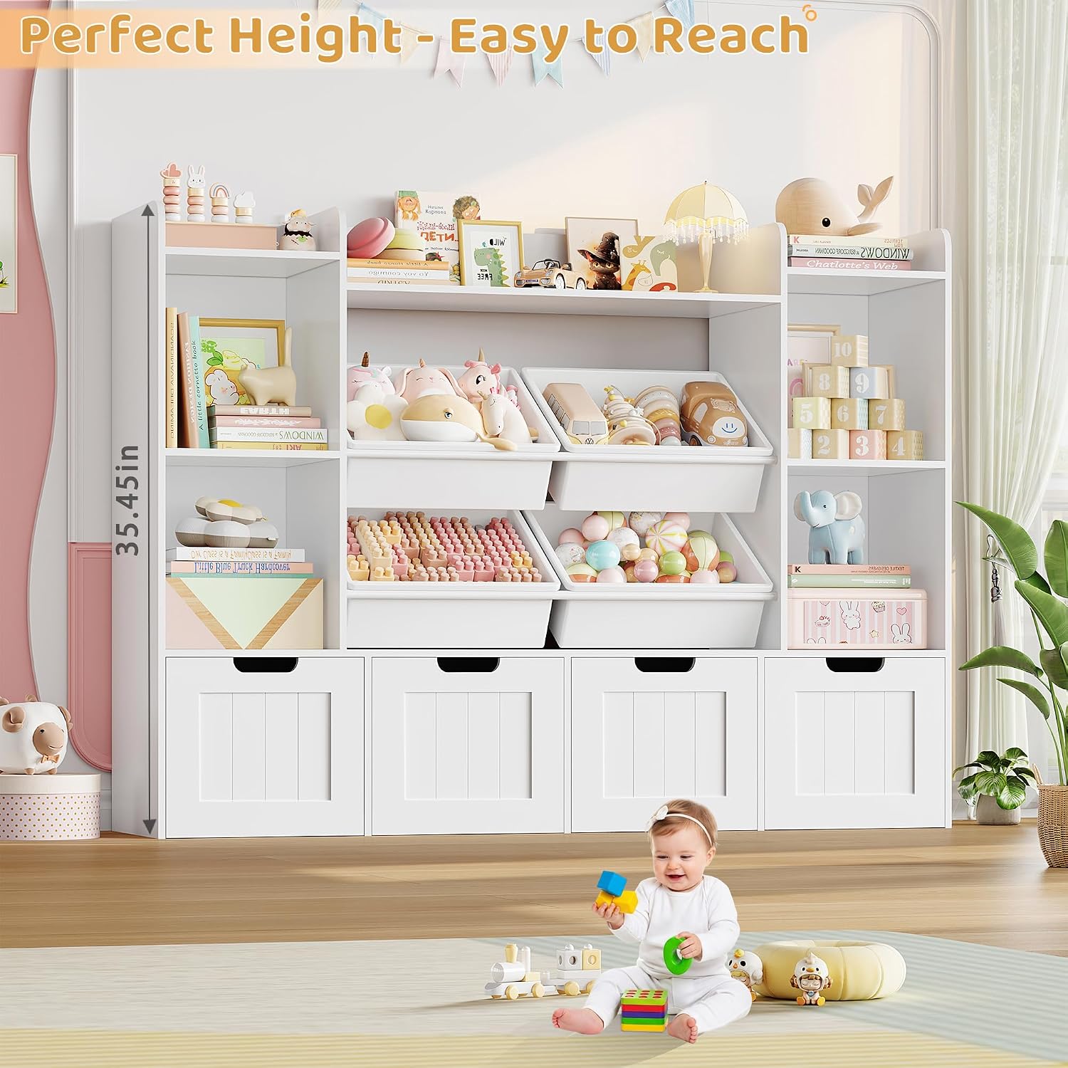 Toy Storage Organizer, Toy Organizer with 4 Movable Drawers and 4 Box Bins, Kids Playroom Storage Organization with Hidden Wheels for Living Room, Kids Room