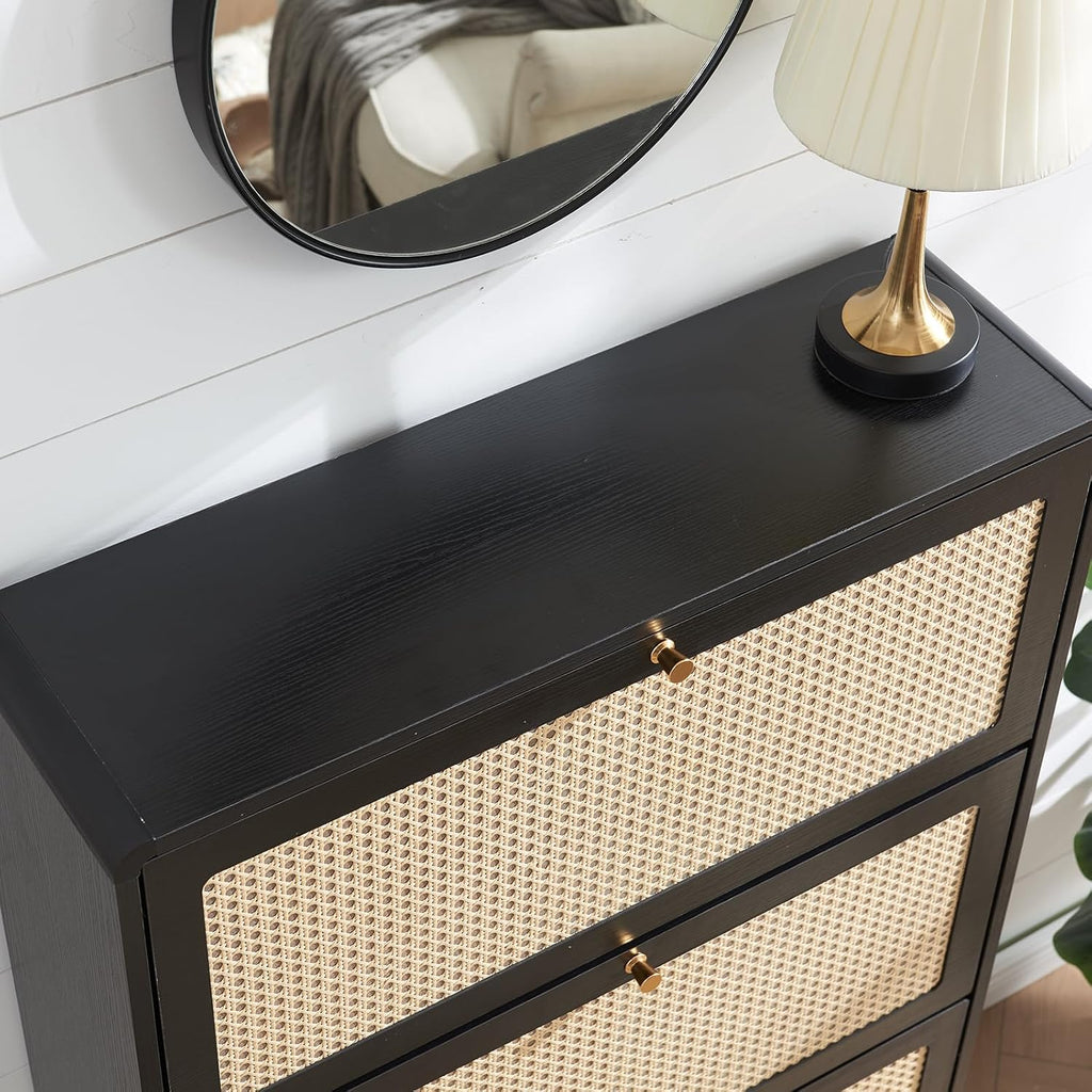 Storage Cabinet With 3 Flip Drawer Natural Rattan Shoe Organizer Freestanding Wooden Rack With Metal Legs for Entryway Hallway Bedroom Mudroom (Black)