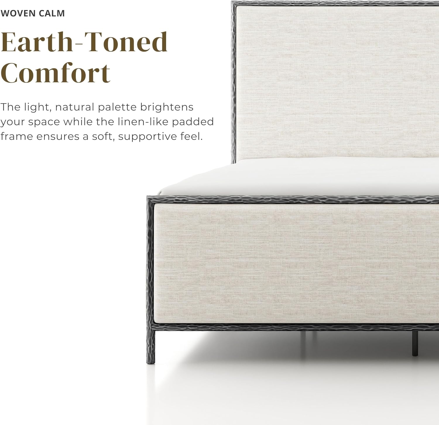 24/7 Shop at Home Lalia Hammered Metal 4-Piece Bedroom Collection, Upholstered Bed Frame with Beige Fabric Headboard, Bench and 1-Shelf Nightstands, Foundation Required, Full, Matte Grey