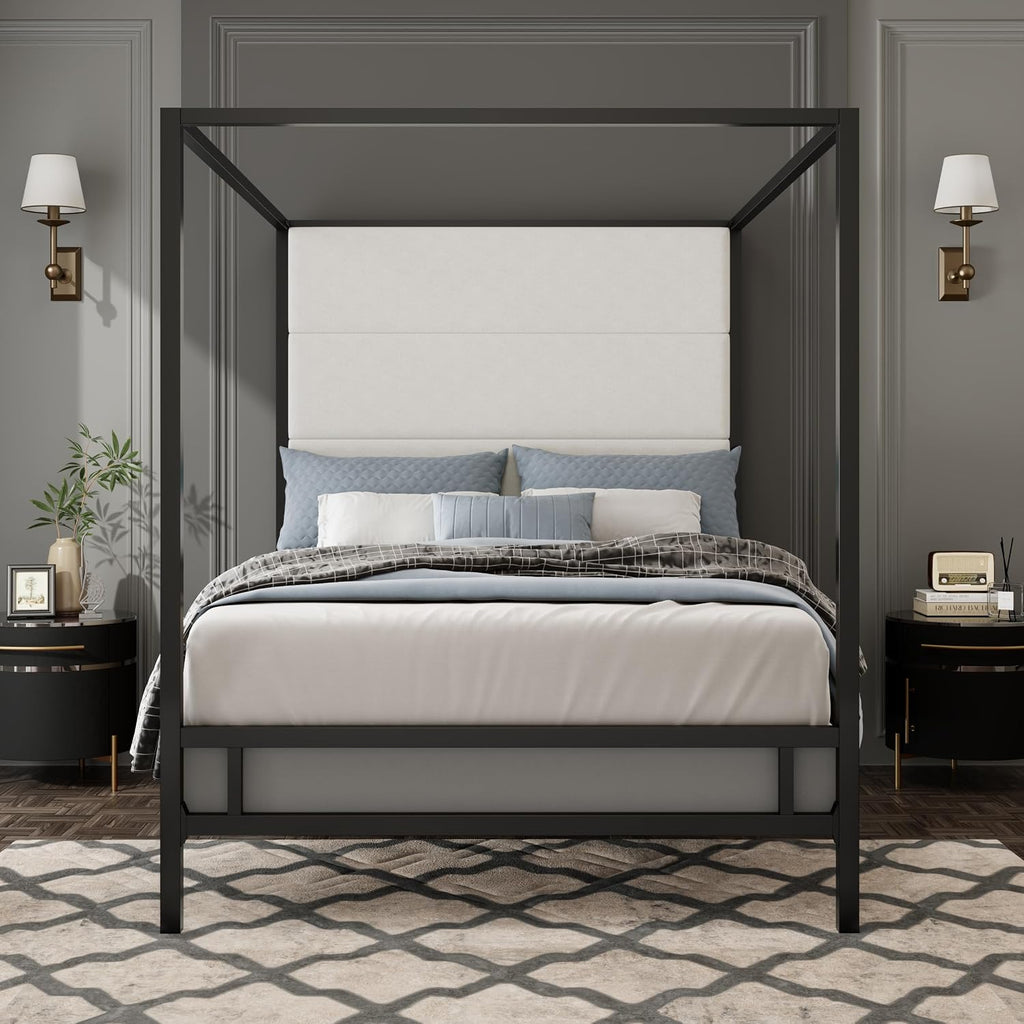 Modern Metal King Size Canopy Platform Bed with with Tall Linen Fabric Upholstered Headboard and 4 Poster Design, Box Spring Needed (Black+White, King)