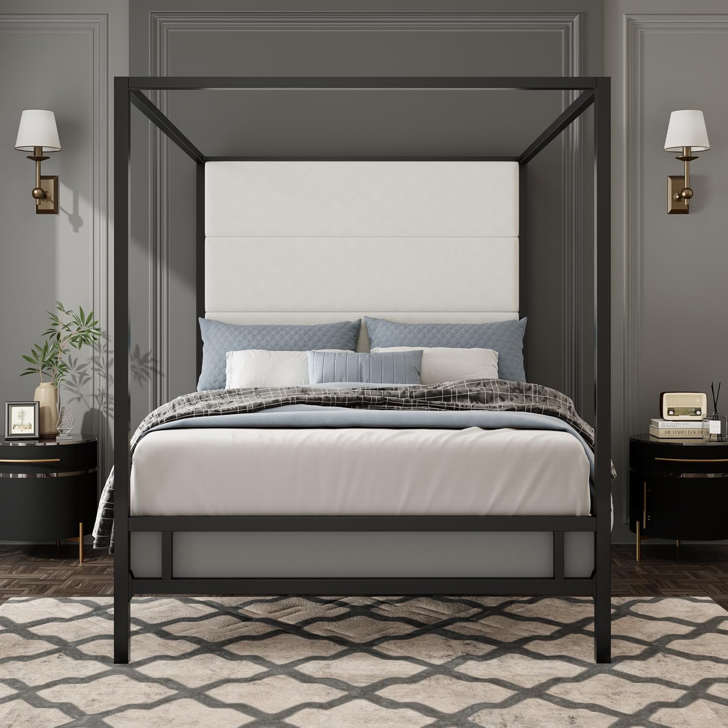 Modern Metal King Size Canopy Platform Bed with with Tall Linen Fabric Upholstered Headboard and 4 Poster Design, Box Spring Needed (Black+White, King)