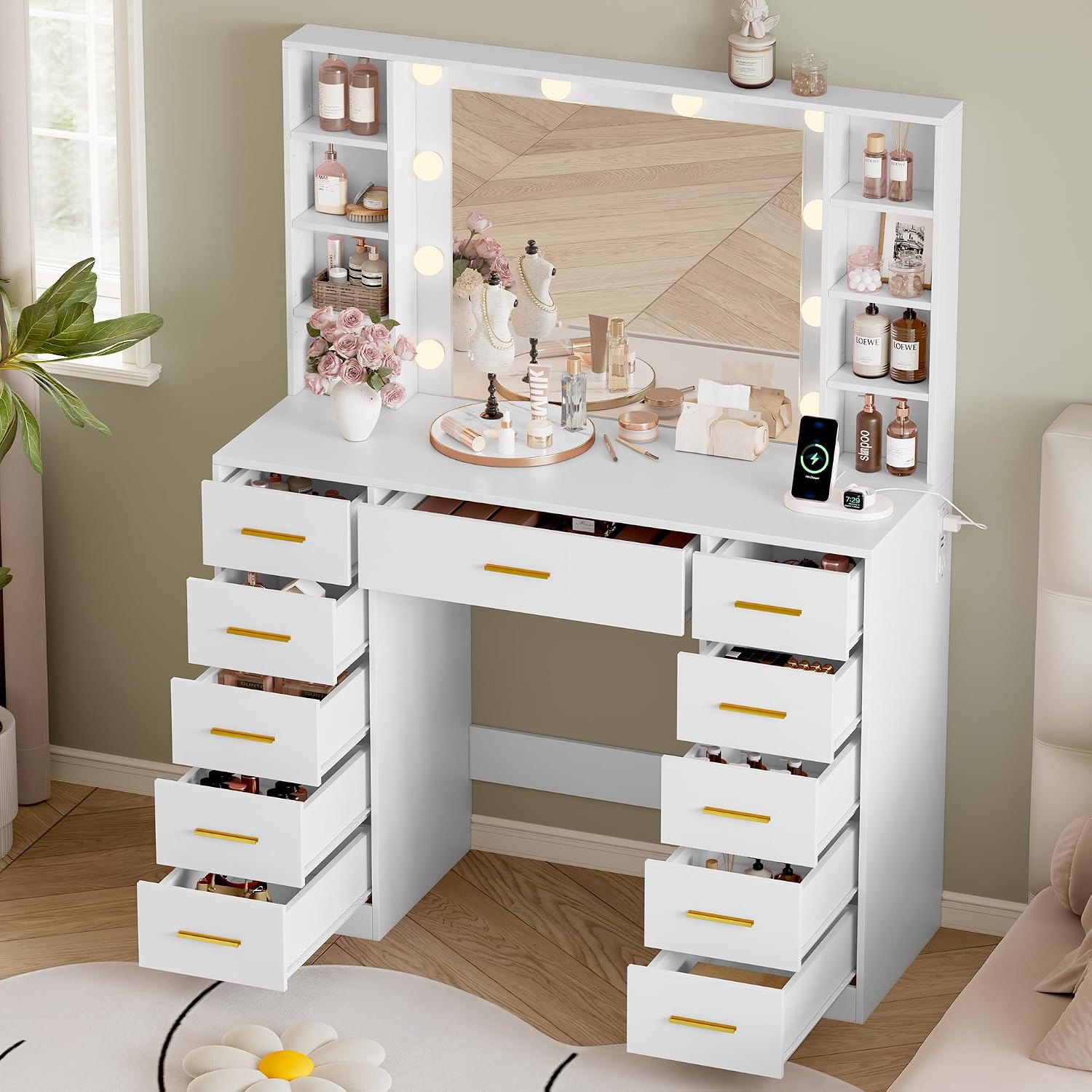 Wodeer Makeup Vanity with Drawers, 43' White Vanity Desk with Mirror and Lights, 11 Drawers & 4 Shelves, Power Outlet & Adjustable LED Lights, Dressing Table for Women & Girls Bedroom
