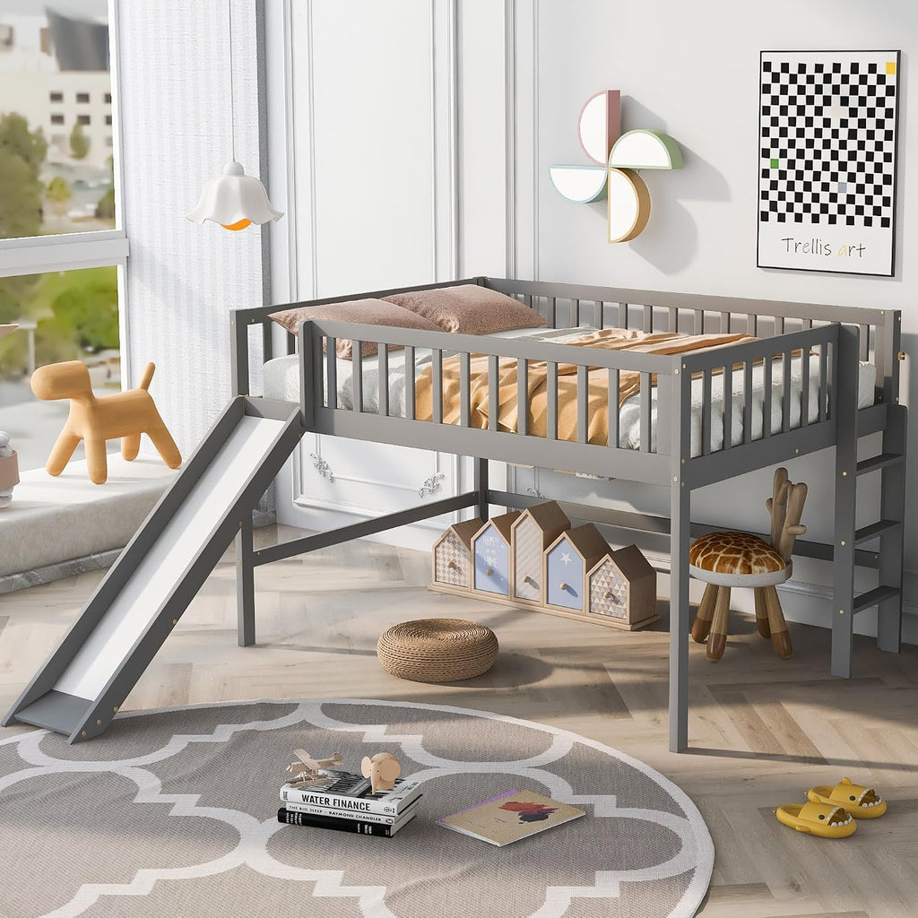 JIVOIT Full Size Wood Loft Bed with Slide, Low Loft Bed with Built-in Ladder and Safety Rails, Space Saving Kids Loft Bed with Underneath Spacious Space, for Kids Boys Girls (Gray,Full 1)
