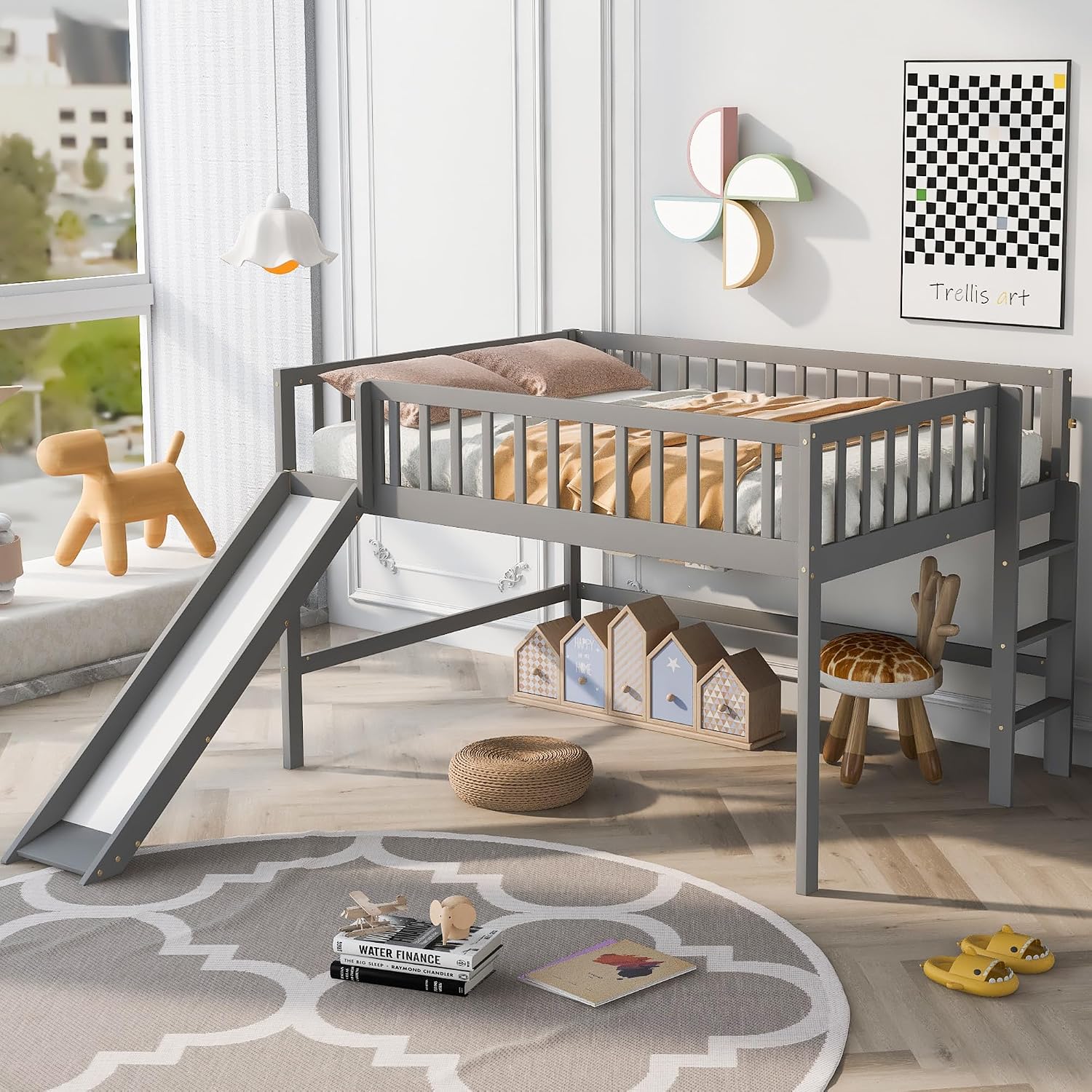 JIVOIT Full Size Wood Loft Bed with Slide, Low Loft Bed with Built-in Ladder and Safety Rails, Space Saving Kids Loft Bed with Underneath Spacious Space, for Kids Boys Girls (Gray,Full 1)