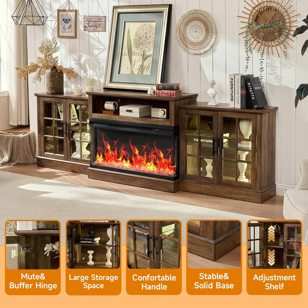 ROCKPOINT 97' Classical Farmhouse Fireplace TV Stand with 3 Sided Glass 36' Electric Fireplace Heater for TVs up to 100',Entertainment Center with Adjustable Shelves and Storage Cabinets,Espresso