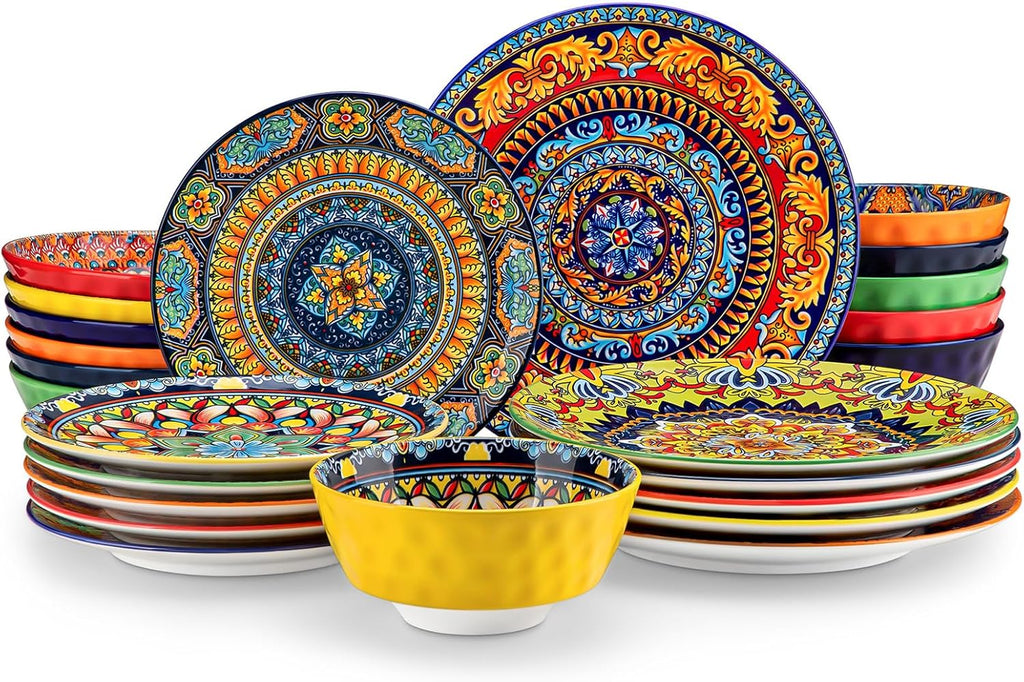 vancasso 24 Pieces Plates and Bowls Set, Bohemian Style Dinnerware Sets Service for 6, Porcelain Boho Dishes Set for Kitchen, Housewaring Gift, Dishwasher and Microwave Safe, Series KRVI