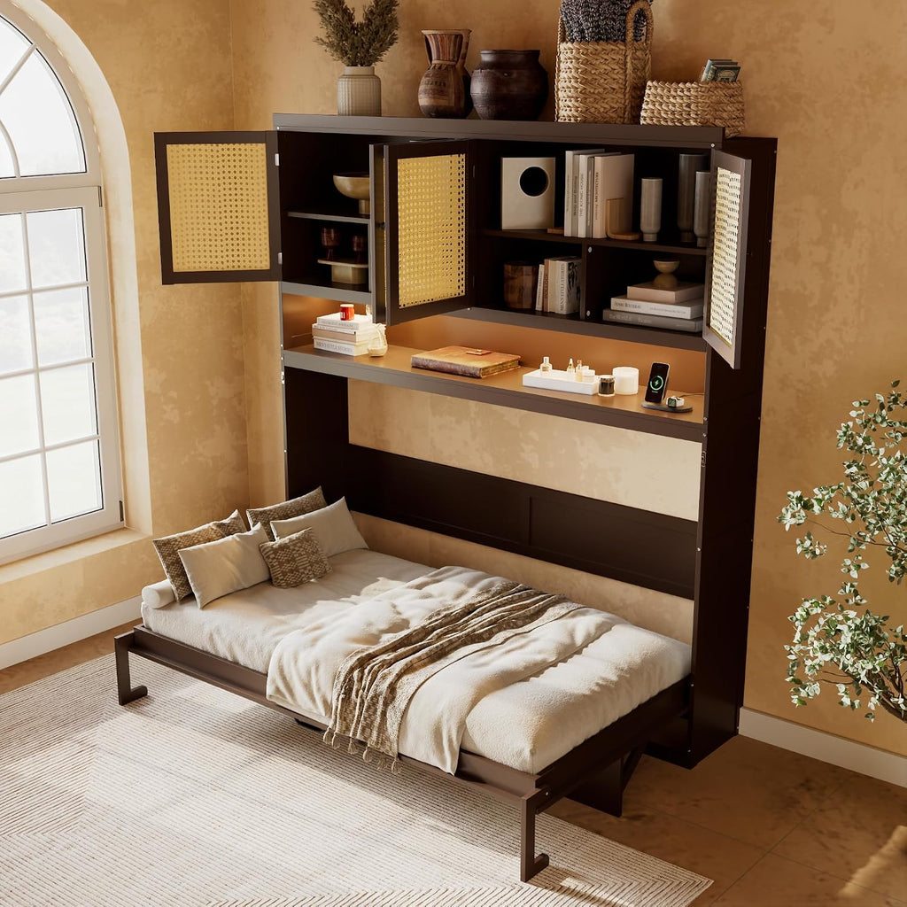 Harper & Bright Designs Twin Size Horizontal Murphy Bed with Top Storage Cabinet, Space Saving Wood Foldable Murphy Wall Bed Frame with Light & USB for Teens Adults, Espresso