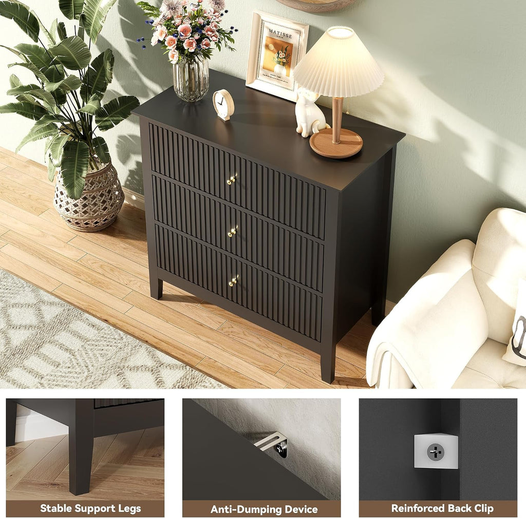 Fluted 3 Drawer Dresser Set of 2, Small Dresser Nightstand for Bedroom, Modern Wood Chest of Drawers, Wooden Dresser Nightstand with Paint Design for Closet, Hallway, Entryway, Black