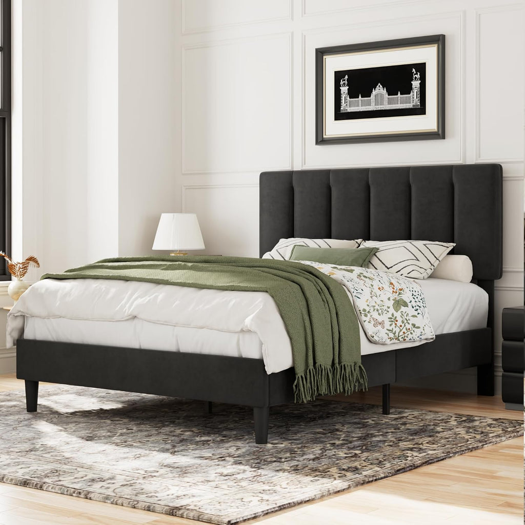 VECELO Full Bed Frame with Upholstered Headboard, Heavy-Duty Platform Bedframe with Strong Wooden Slats Support, No Boxing Spring Needed, Black
