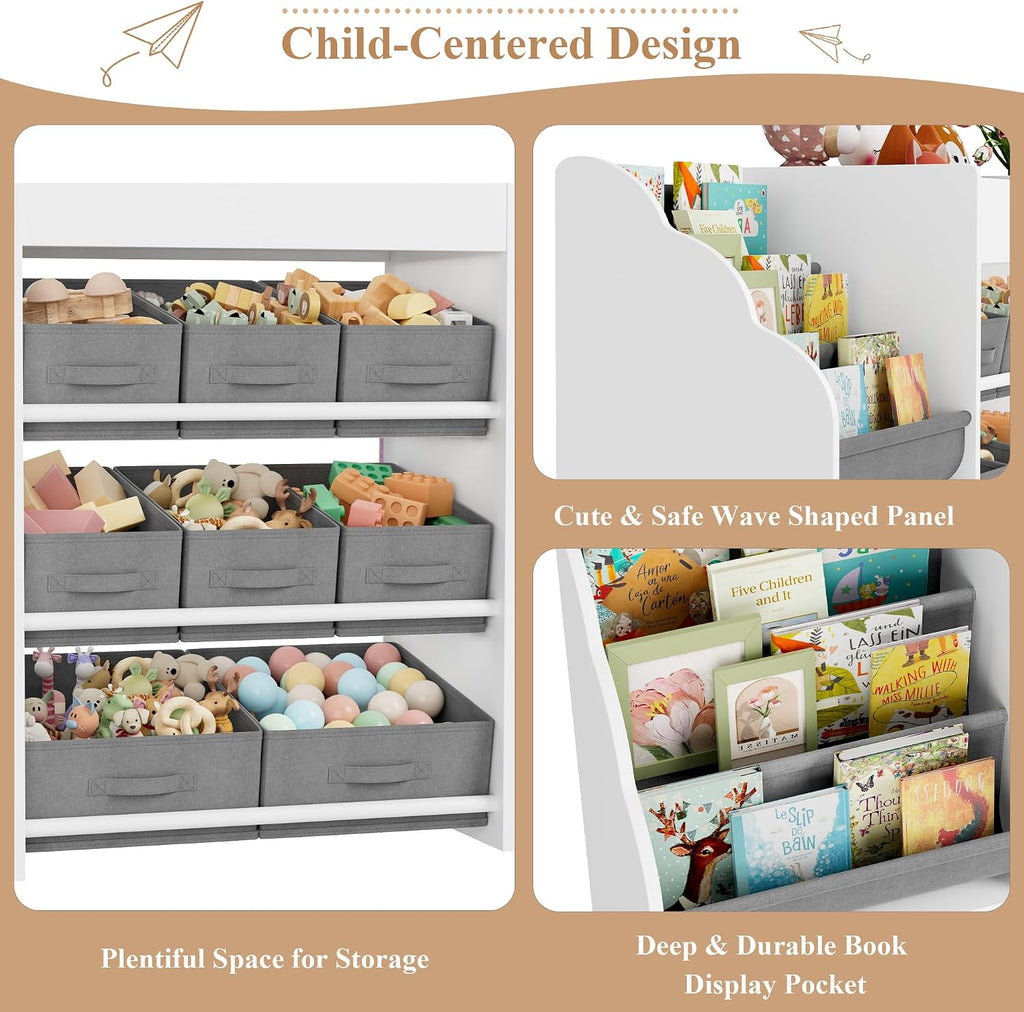 BOTLOG 62.2 inches Toy Storage Organizer and Kids Bookshelf, Toy Organizer with 2 Movable Drawers and 9 Box Bins, 4 Tier Toddler Bookshelf for Book Storage and Display