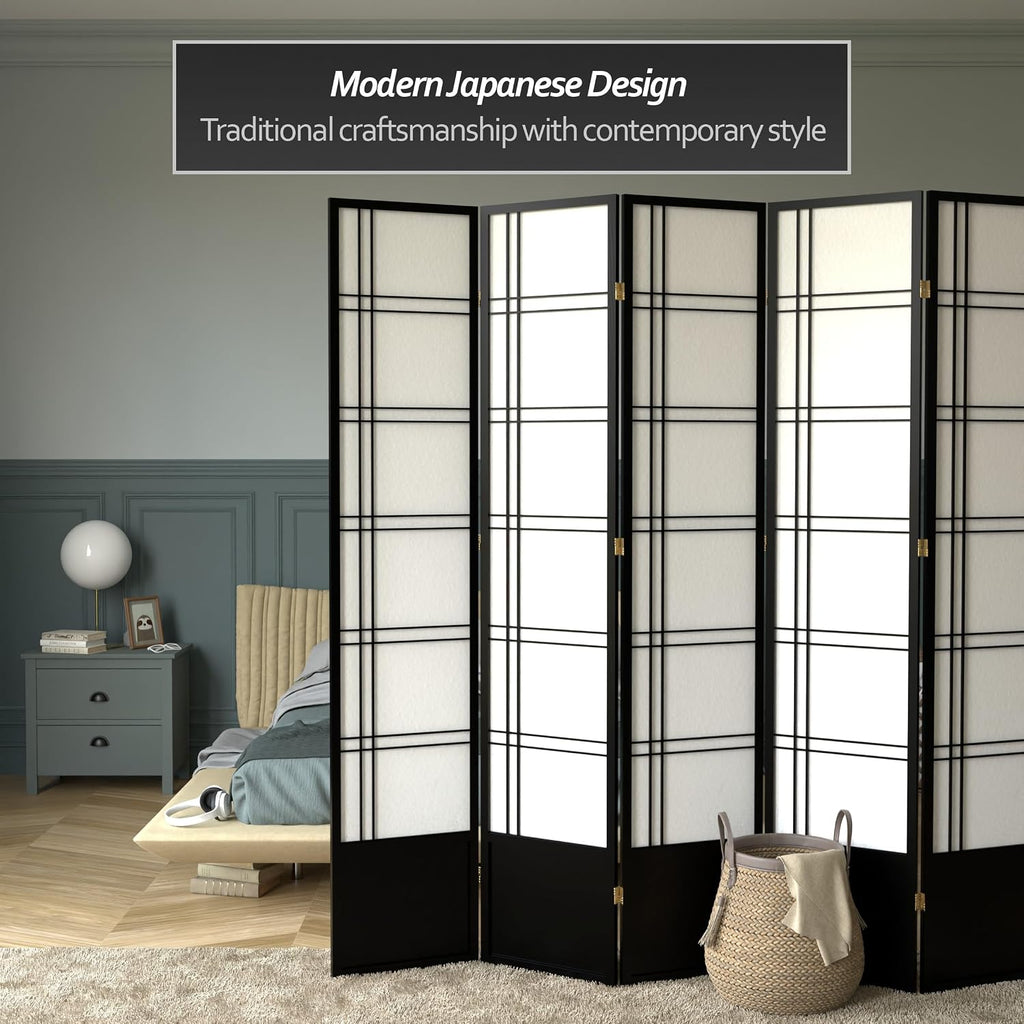 Red Lantern 7 ft. Tall Double Cross Shoji Screen - Black - 5 Panels