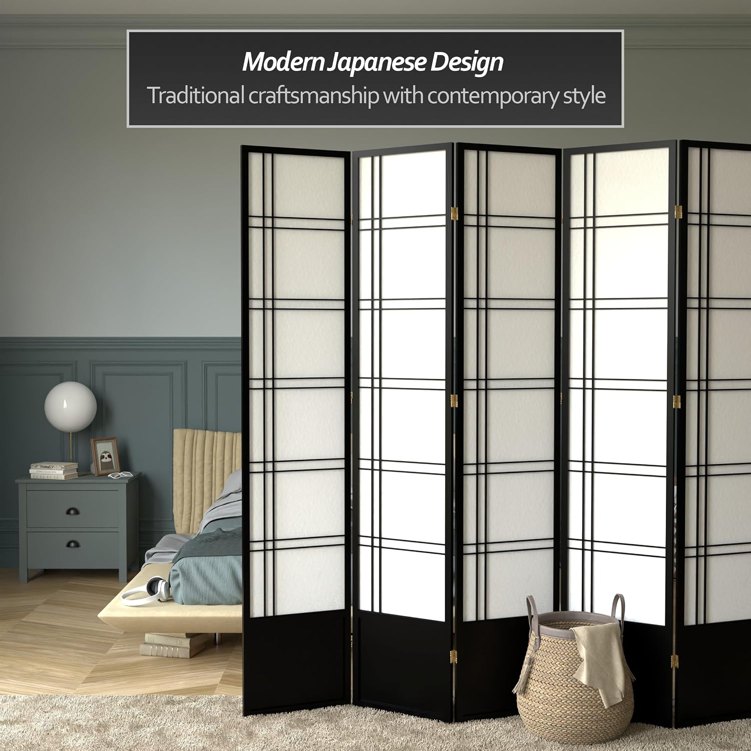 Red Lantern 7 ft. Tall Double Cross Shoji Screen - Black - 5 Panels