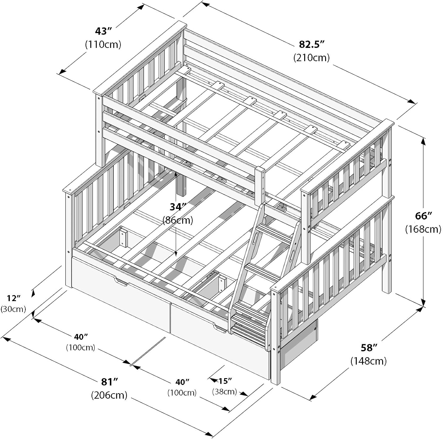 Max & Lily Classic Twin Over Full Bunk Bed, with Storage Drawers, Pecan