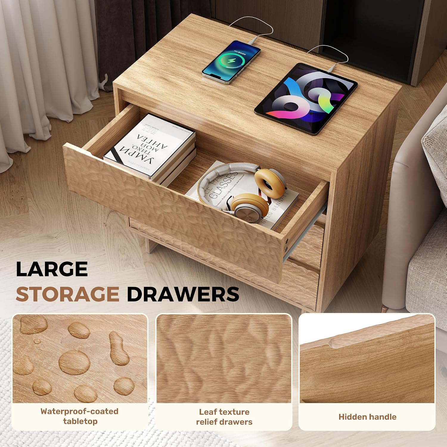 Miereirl Nightstands with Charging Station, Modern Nightstand with 3 Drawers, 26.5' W Wooden End Side Table for Bedroom, Natural Oak