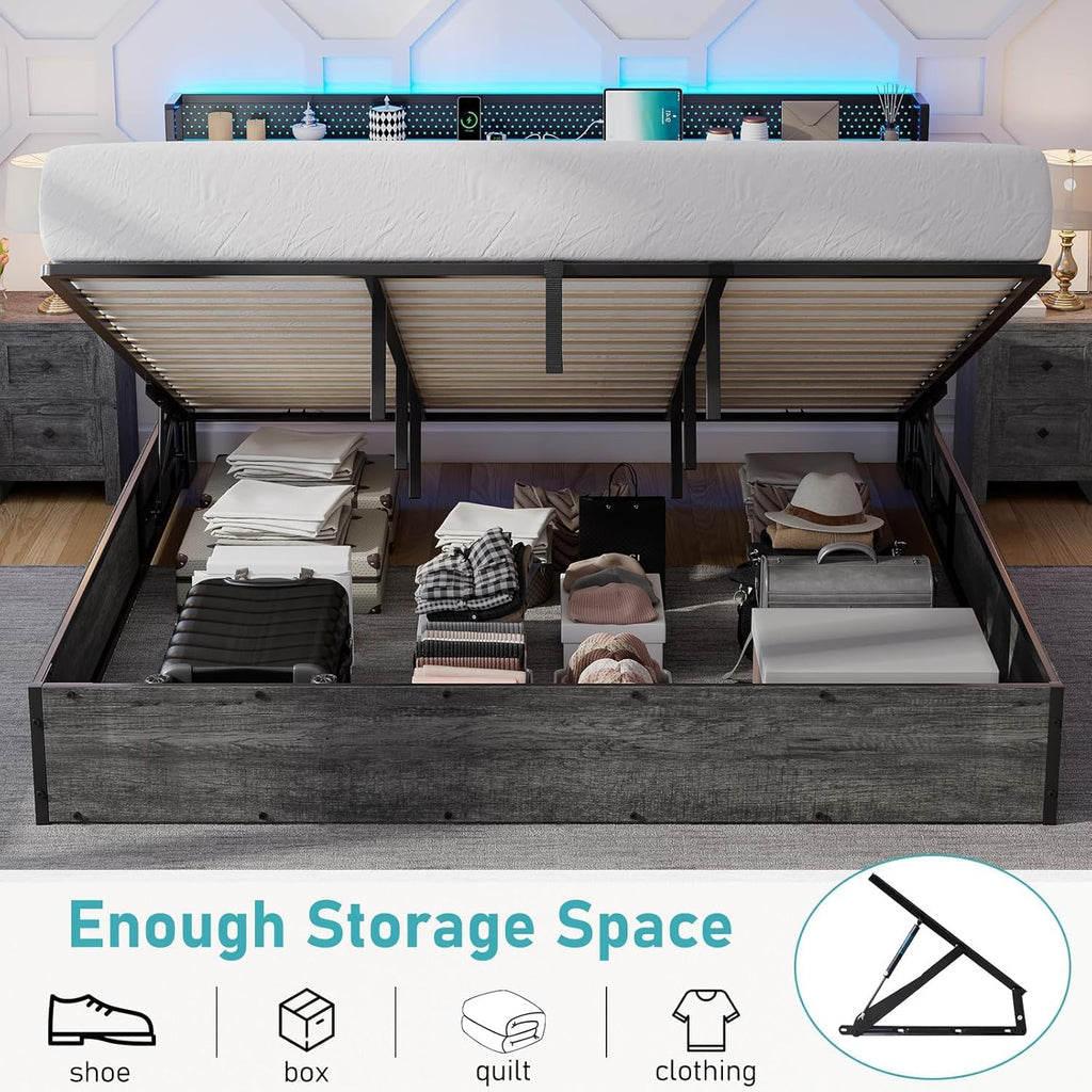 LUXOAK 3 Pieces Farmhouse Bedroom Set, Includes Full Size Lift Up Storage Bed Frame with LED Lights and Linen Upholstered Headboard, Nightstand Set of 2 with Charging Station, Grey