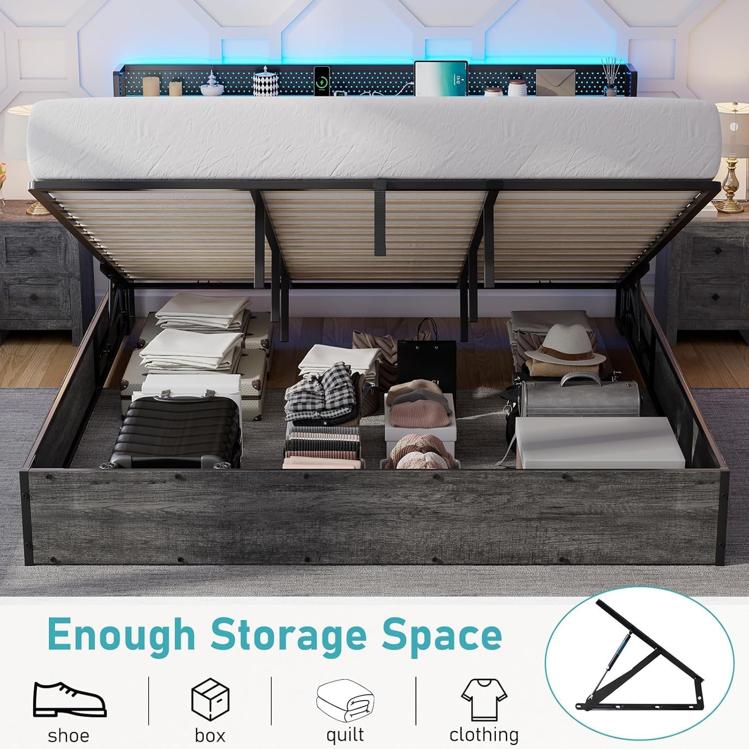 LUXOAK 3 Pieces Farmhouse Bedroom Set, Includes Full Size Lift Up Storage Bed Frame with LED Lights and Linen Upholstered Headboard, Nightstand Set of 2 with Charging Station, Grey