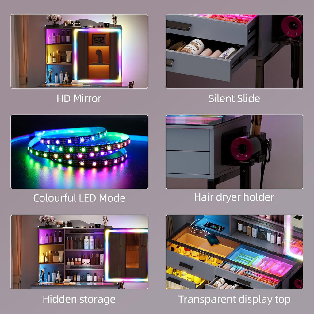 Glass Top Makeup Vanity Desk with RGB LED Light & Adjustable Mirror, Modern Makeup Dresser with Charging Station,Vanity Table Set with 6 Drawers & Hair Dryer Holder for Bedroom,Grey