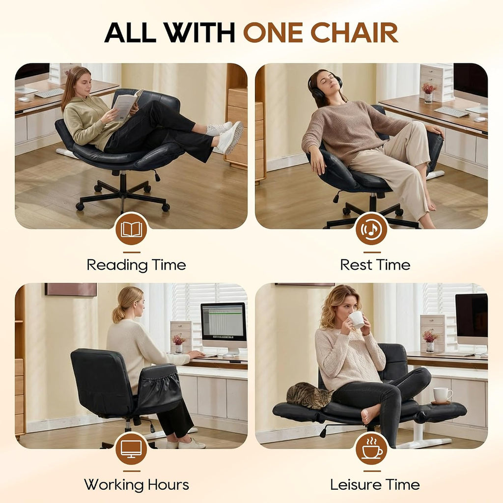 Criss Cross Chair with Wheels & Outward-Folding Armrests, Faux Leather Cross Legged Office Chair with Storage Pockets, Comfortable Adjustable Swivel Vanity Chair for Home, Living Room, Bedroom (Black)