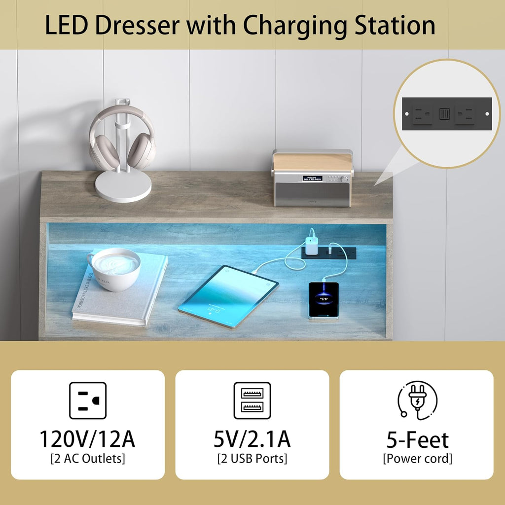 Wodeer Grey Dresser Tall 5 Drawer Dresser for Bedroom, Wood Chest of Drawers with LED Lights, Charging Station, Metal Handles, Modern Storage Cabinet and Organizer Drawers for Living Room, Hallway