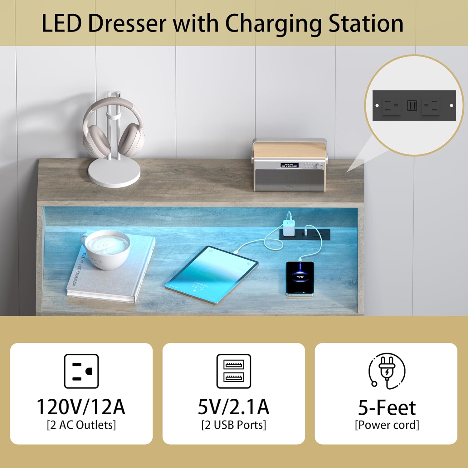 Wodeer Grey Dresser Tall 5 Drawer Dresser for Bedroom, Wood Chest of Drawers with LED Lights, Charging Station, Metal Handles, Modern Storage Cabinet and Organizer Drawers for Living Room, Hallway