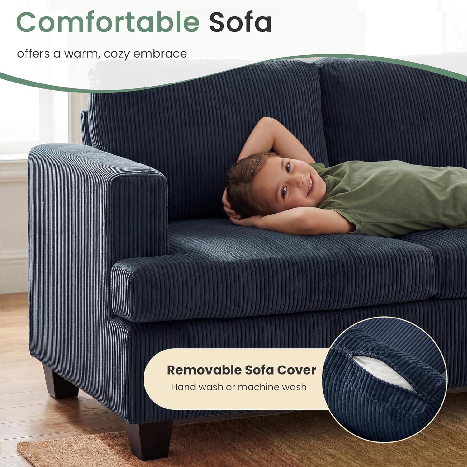 Fiona's magic 7 Seats Couch Set, 3 Piece Set Comfy Couch, 2 Loveseat & 3 Seater Sofa with Deep Seats for Living Room, Modern Sleeper Sofa, Blue Corduroy
