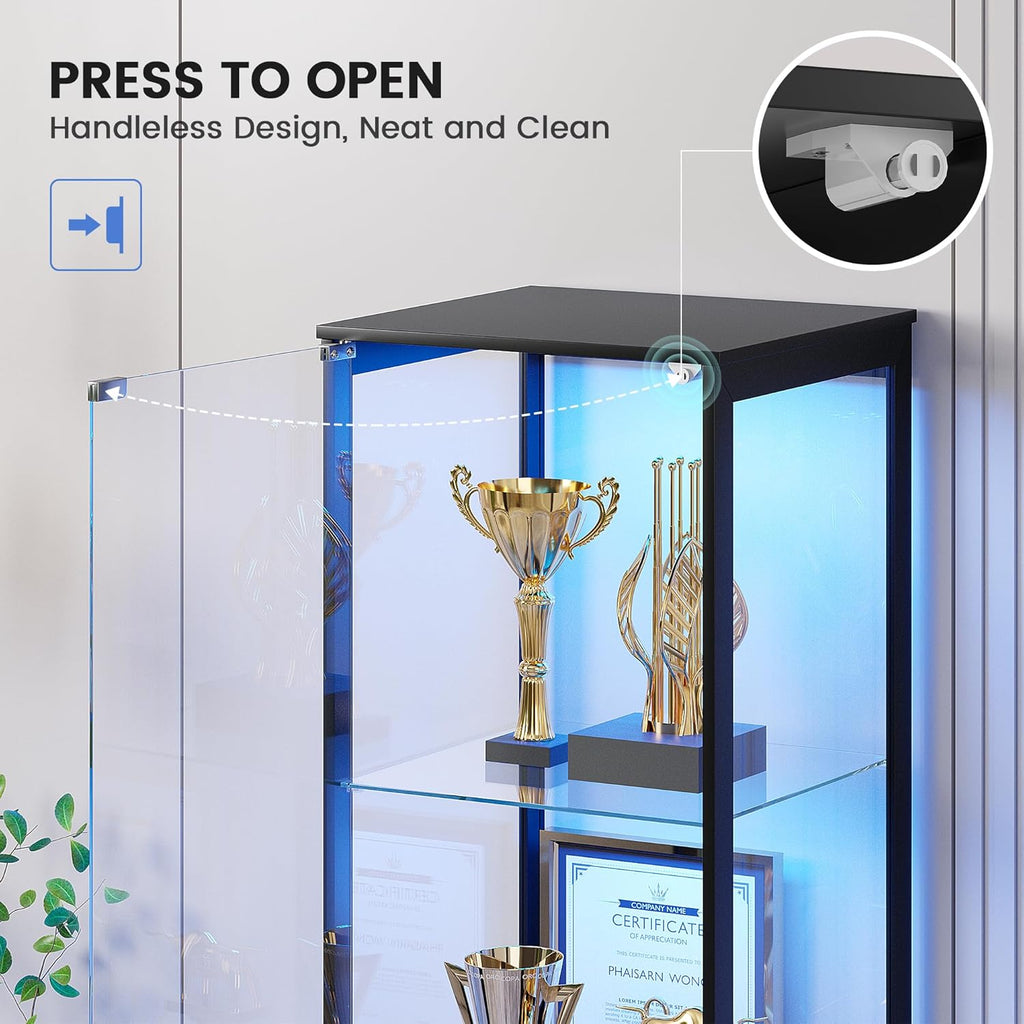 Glass Display Cabinet with Doors, 65' Tall 4-Tier Curio Display Case with 3 Color Lights and Human Body Sensor, Bookcase for Collectibles, Black