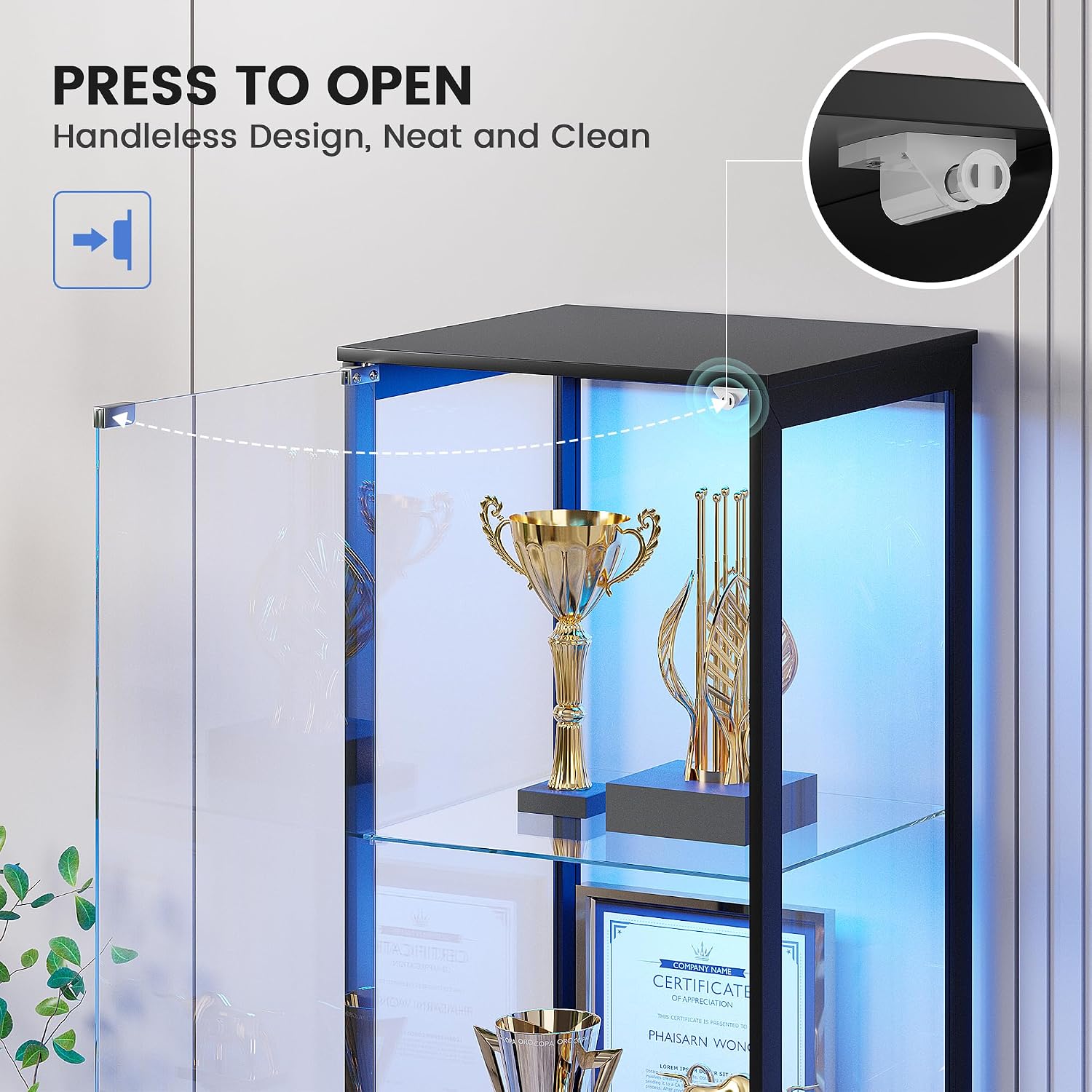 Glass Display Cabinet with Doors, 65' Tall 4-Tier Curio Display Case with 3 Color Lights and Human Body Sensor, Bookcase for Collectibles, Black