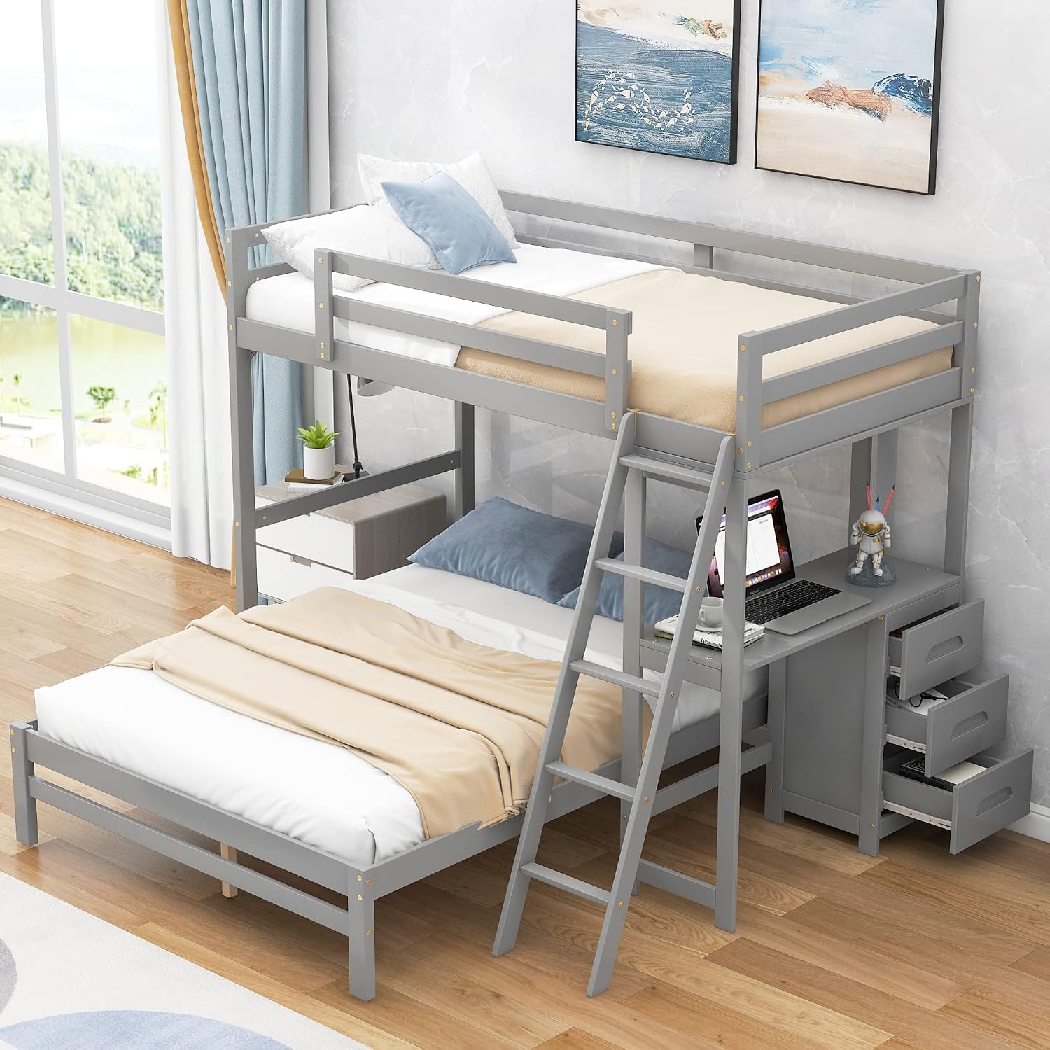 Twin Over Full Bunk Bed with Built-in Desk and Three Drawers,Modern Solid Wood Separate Bed Frame w/Head/Footboards & Guardrail,Easy to Assemble,for Bedroom,Apartment,Grey