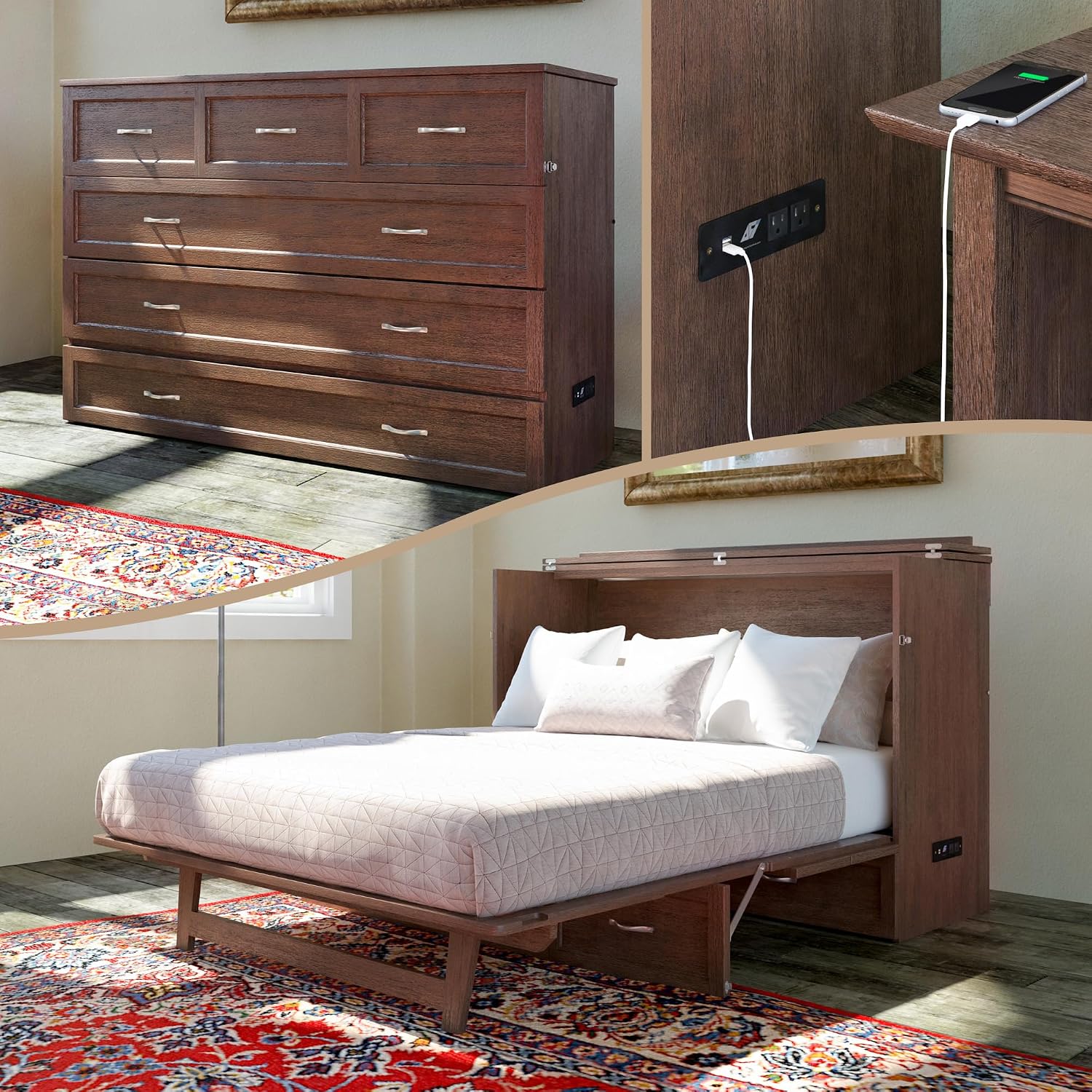 AFI Deerfield Murphy Bed Chest with Charging Station, Queen, Burnt Amber