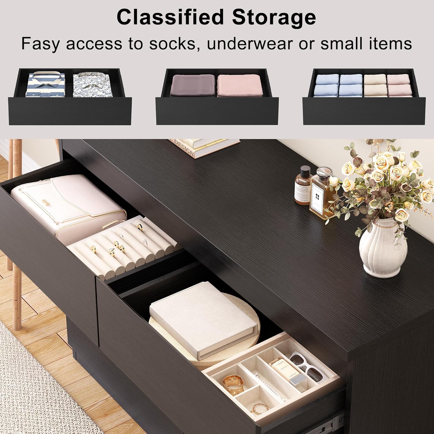 Jocoevol Modern 6 Drawer Dresser Black Dresser for Bedroom, Simply Chest of Drawers, Wood Storage Dresser with Deep Drawers for Living Room Hallway Entryway, Black