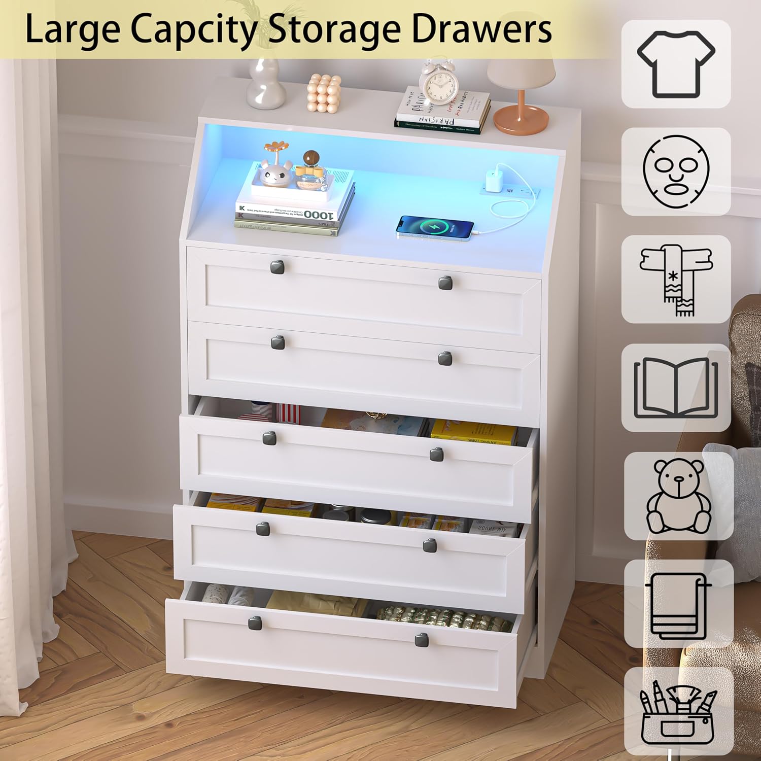 Wodeer White Dresser Tall 5 Drawer Dresser for Bedroom, Wood Chest of Drawers with LED Lights, Charging Station, Metal Handles, Modern Storage Cabinet and Organizer Drawers for Living Room, Hallway