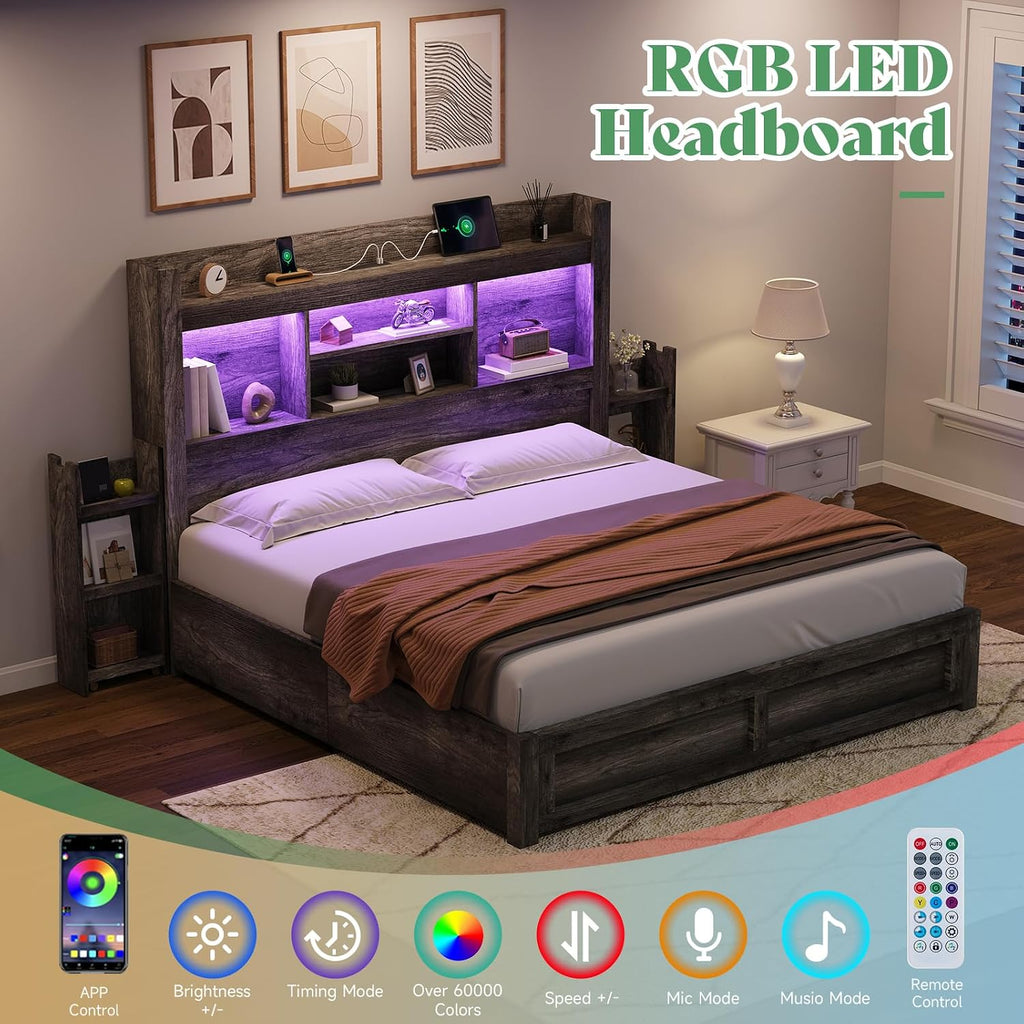 AMERLIFE Full Size Bed Frame with 4 Storage Drawers, LED Bed Frame with 49' Tall Bookcase Headboard, Wood Platform Bed with Charging Station & 2 Slide Bedside Shelf, No Box Spring Needed/Rustic Grey