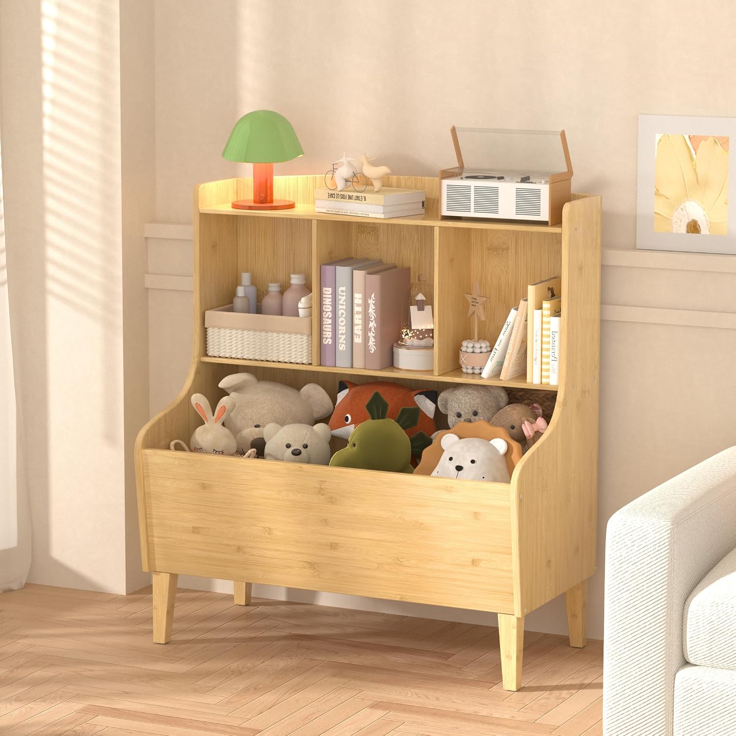 Kids Bookshelf and Toy Storage Organizer，Bamboo Bookcase，Fit for Children's Room, Playroom, Bedroom,Hallway, Kindergarten (Nature)