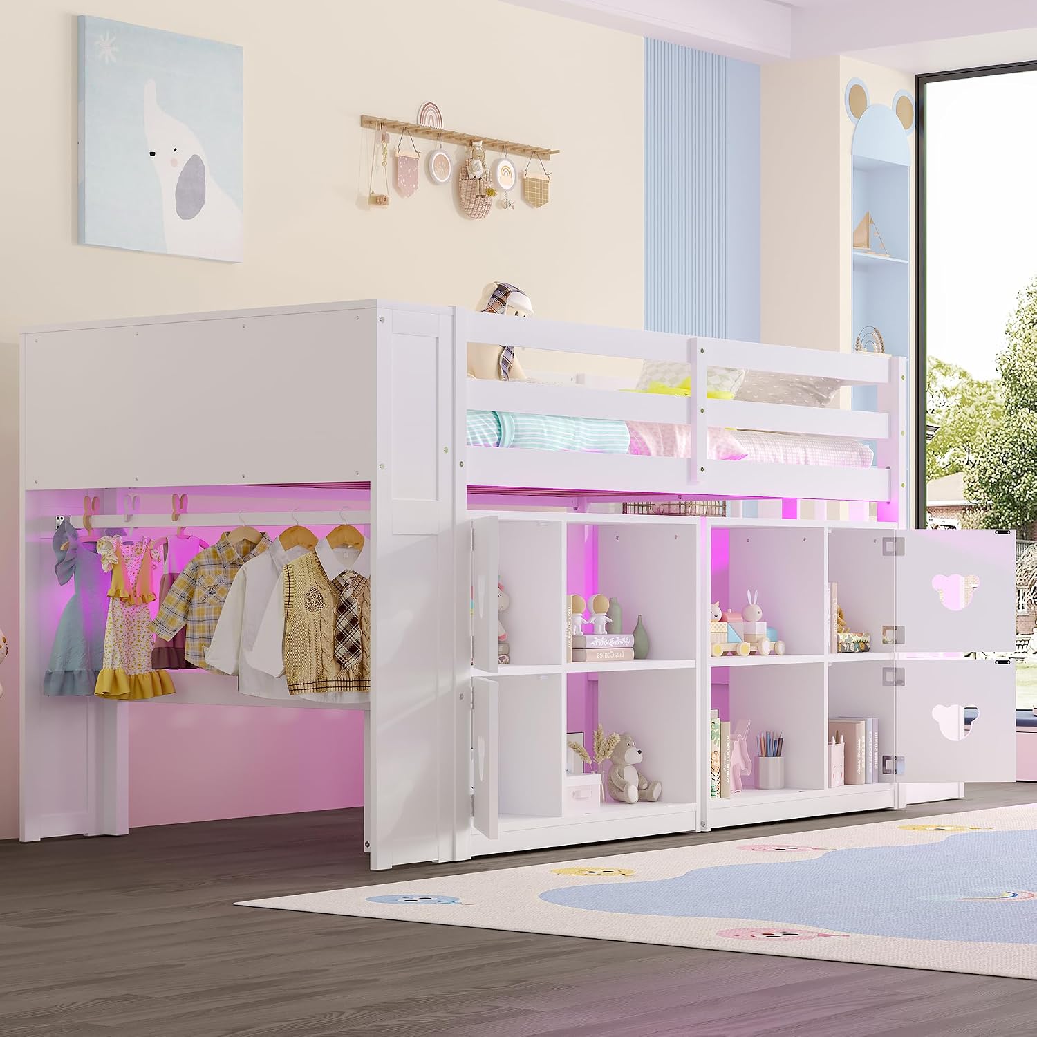 JIVOIT Twin Size Low Loft Bed with Open Shelves, Storage Cabinets, Storage Headboard and Stair, Full-Length Guardrails, No Box Spring Needed (White, 50)