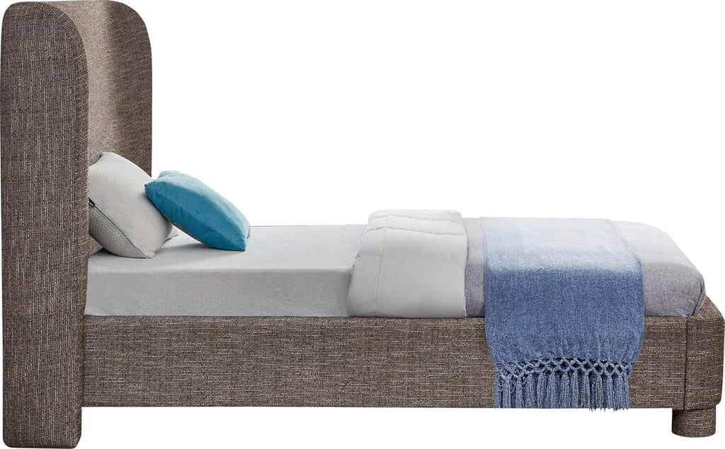 Meridian Furniture B1205Brown-T Penny Collection Modern | Contemporary Twin Bed with Rich Brown Linen Textured Fabric, Curved Headboard, 52' W x 82.5' D x 52' H, Brown, Twin