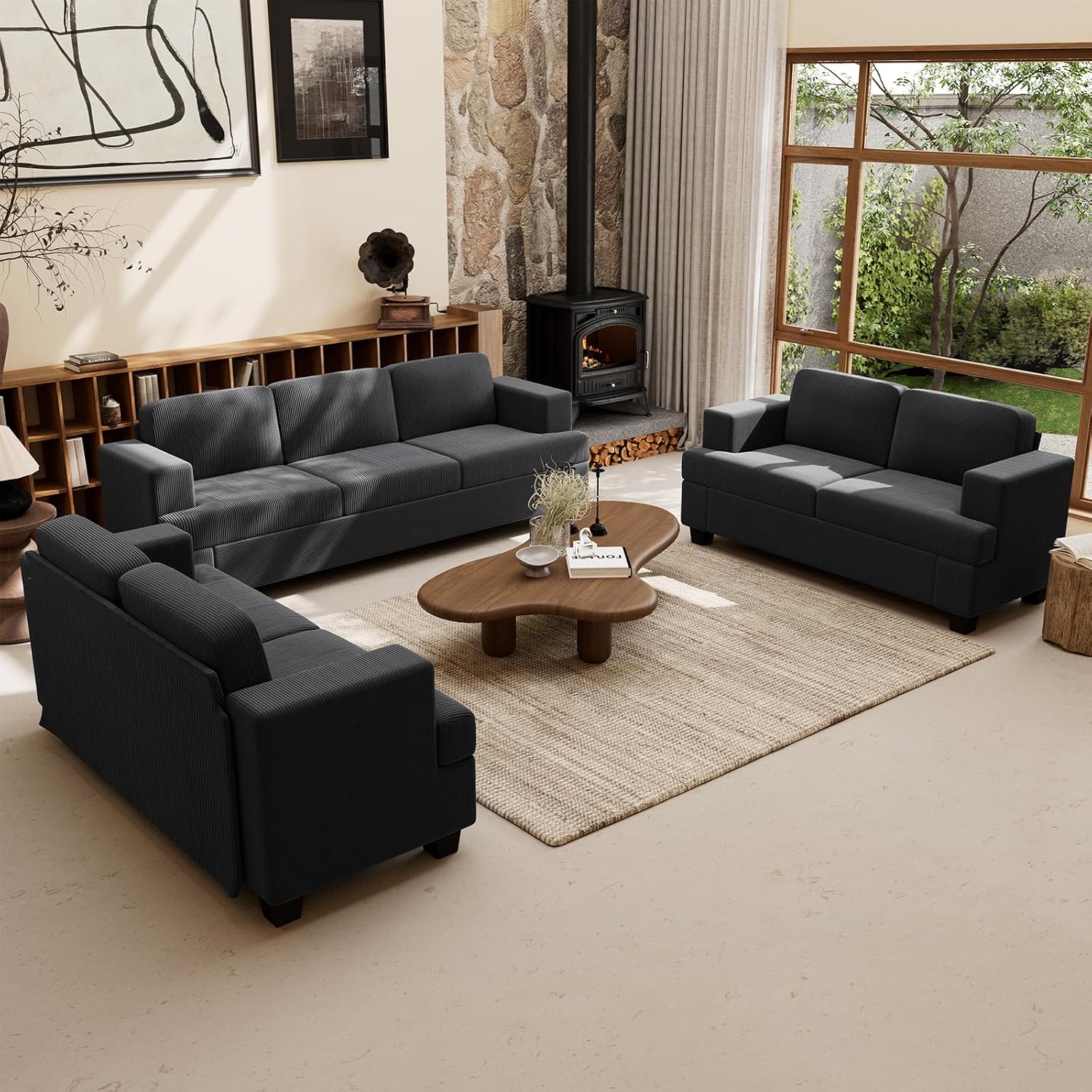 Fiona's magic 3 Seater Corduroy Couch for Living Room, 89' Black Cloud Sofa, Deep Seat Floor Couch for Bedroom, Futon Modern Sofa Sectional Bed, Black Corduroy
