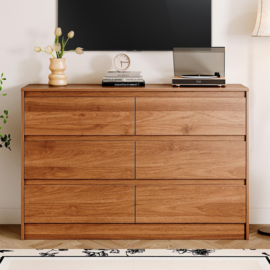 Chrangmay 6 Drawer Dresser,47' Wide Mid Century Chest of Drawers,Wooden Bedroom Drawer Dresser with 6 Storage Drawers for Bedroom,Living Room,with Anti-Tipping Device, Brown