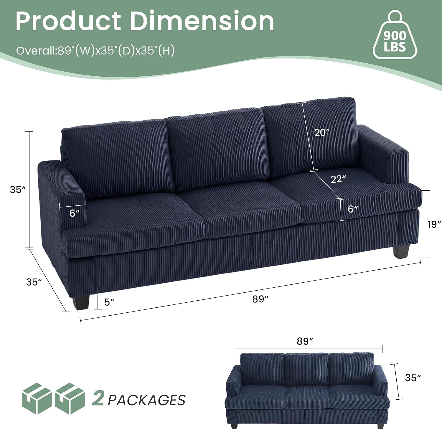 Fiona's magic 7 Seats Couch Set, 3 Piece Set Comfy Couch, 2 Loveseat & 3 Seater Sofa with Deep Seats for Living Room, Modern Sleeper Sofa, Blue Corduroy