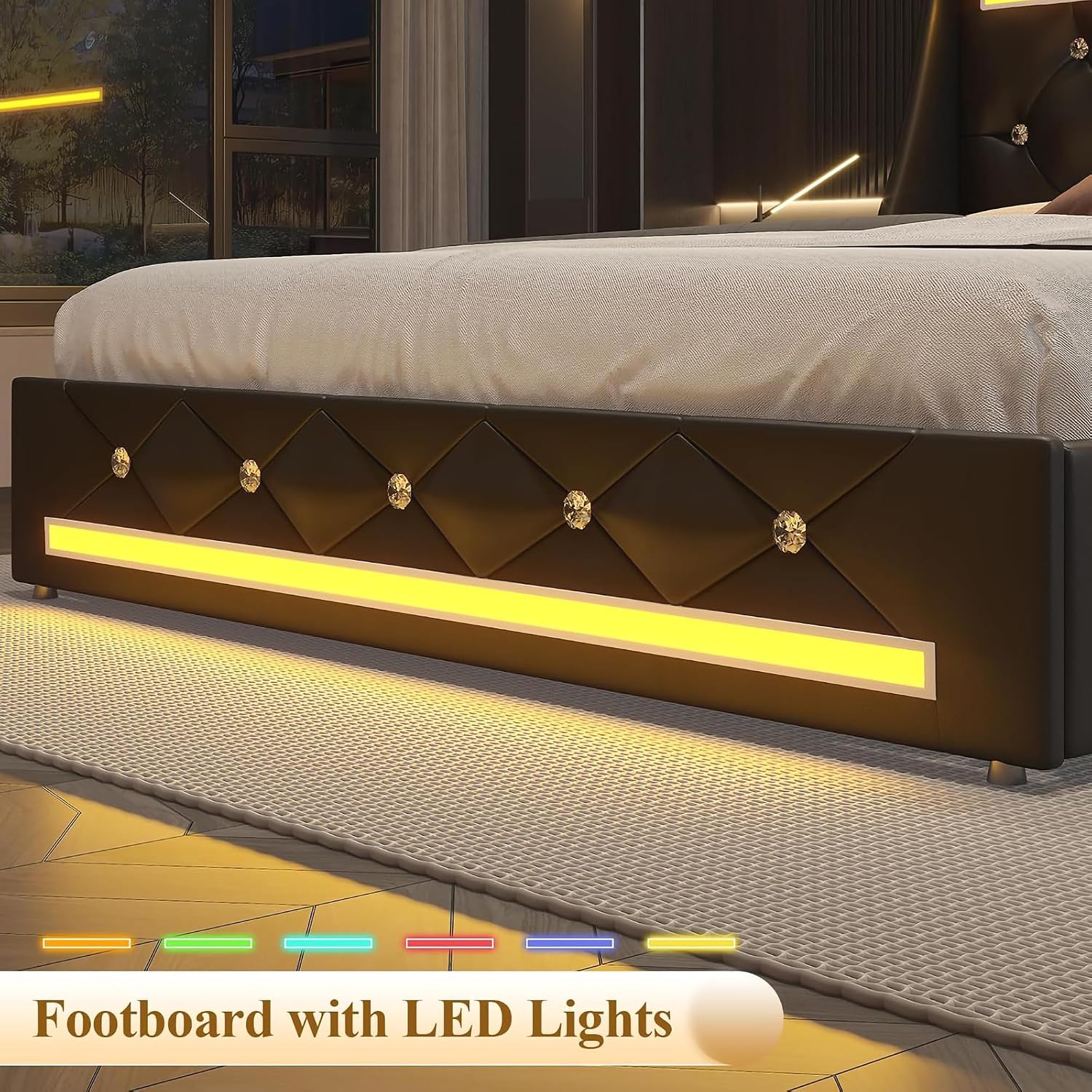 Full Bed Frame with Storage Drawers and LED Lights/Charging Station, Modern Diamond Upholstered Platform Bed with Wingback Headboard, Wooden Slats Support, No Box Spring Needed (Black, Full)